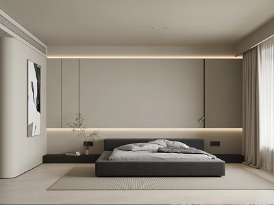 Modern Minimalist Bedroom Interior Design With Gray Bed Ambient Lighting And Decorative Plant 3d model