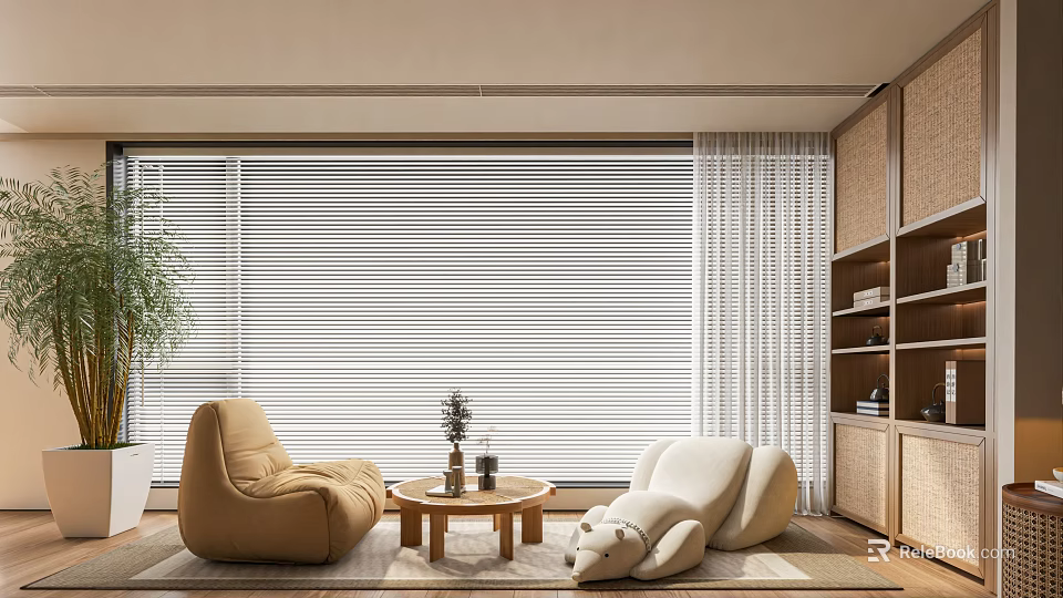 Comfortable Beige And White Lazy Sofa In Modern Cozy Living Room With Coffee Table 3d model 