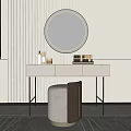 Modern Minimalist Dressing Table With Round Mirror Skincare Products Books And Stool