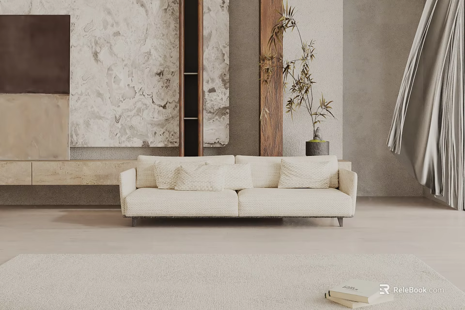 Minimalist Modern Living Room Interior With Cream Three Seater Sofa Soft Carpet And Decorative Plant 3d model 