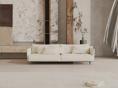 Minimalist Modern Living Room Interior With Cream Three Seater Sofa Soft Carpet And Decorative Plant 3d model