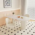Modern White Oval Dining Table Set with Four Chairs Light Walls Window Blinds and Geometric Rug