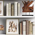 Decorative Ornaments Set With Wooden Sculptures Shell Display Framed Art And Books On Shelf