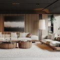 Modern Living Room Interior With Cream Sofa Wooden Paneling Walls And Large Abstract Painting