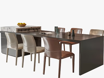 Modern Minimalist Dining Table Set with Black Silver Brown Chairs Fruit Bowl and Glasses 3d model