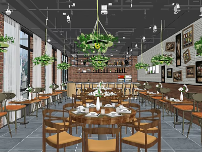 Cozy Restaurant Interior With Round Wooden Tables Hanging Green Plants Chandeliers And Brick Wall 3d model