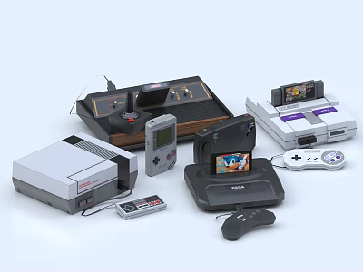 Vintage Entertainment Electronics Collection Featuring Retro Gaming Consoles Controllers And Handheld Games 3d model