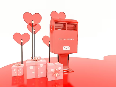 Red Hinged Door With Heart Shaped Decorations And Pink Gift Boxes On Red Background 3d model