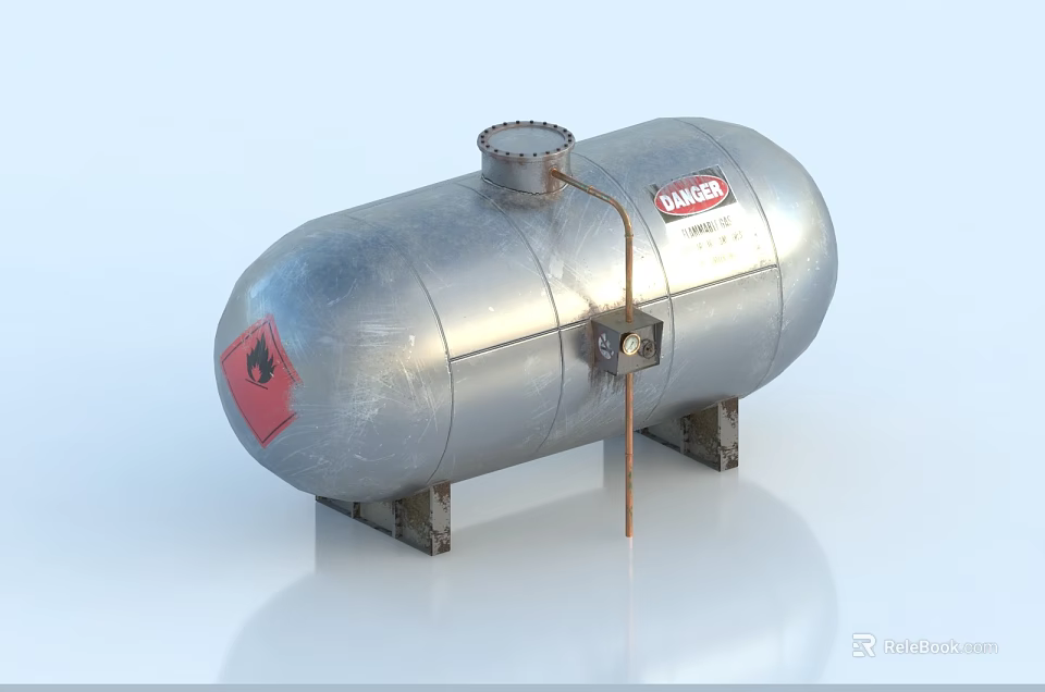 Industrial Storage Tank With Silver Surface Cylindrical Design Danger Sign And Support Legs 3d model 