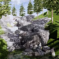 Scenic Park Landscape With Flowing Stream Rocks Lush Grass And Green Trees