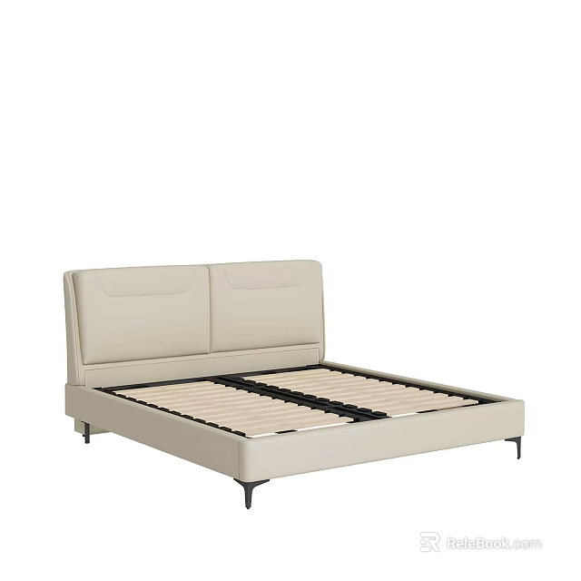 Modern Upholstered Double Bed Frame With Beige Headboard And Minimalist Metal Legs Design 3d model 