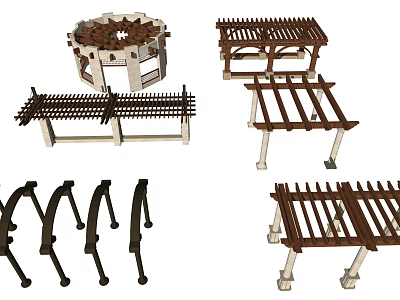 Various Outdoor Pergola Designs with Wooden Slats and Support Columns 3d model