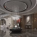 Elegant Modern Hotel Lobby With Round Chandelier Marble Walls Water Feature Glass Wall And Greenery
