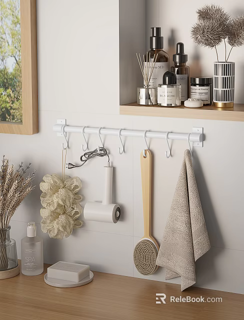Wall Mounted Bathroom Accessories Hook Rack Holding Loofah Curling Iron Wooden Brush Towel And Toiletries 3d model 