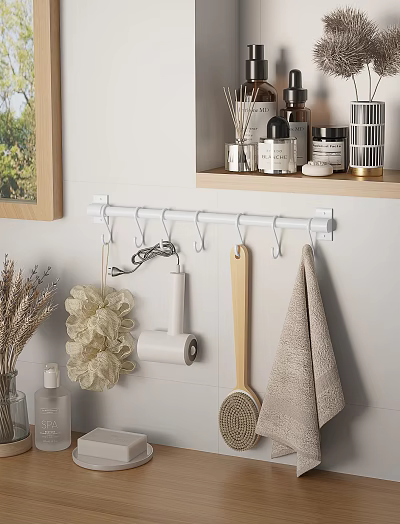 Wall Mounted Bathroom Accessories Hook Rack Holding Loofah Curling Iron Wooden Brush Towel And Toiletries 3d model
