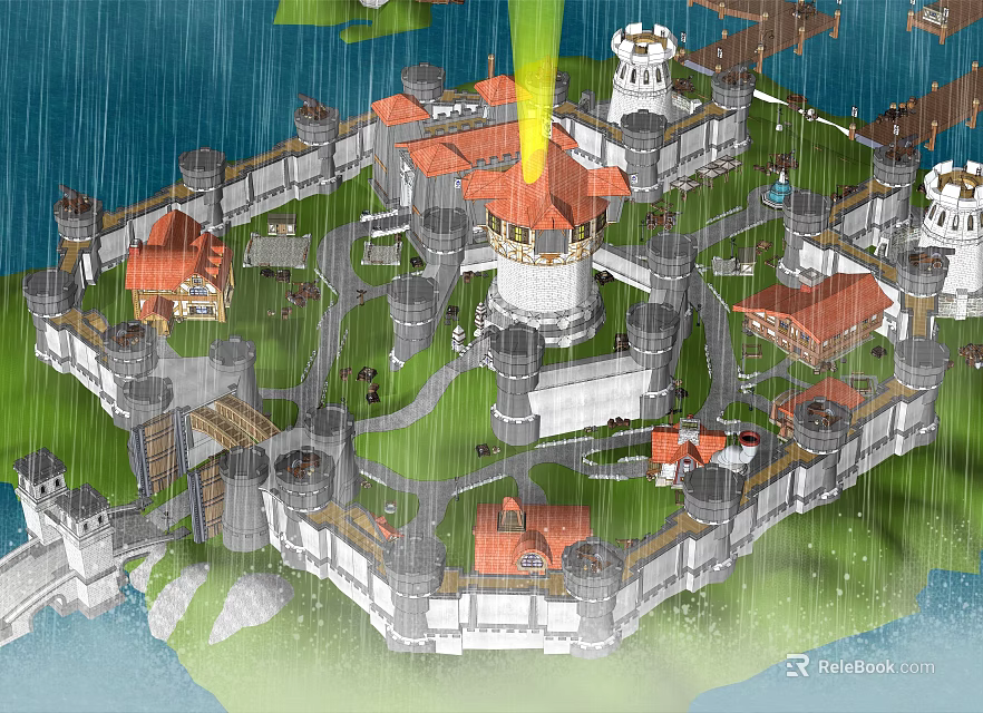Ancient Castle Architecture Featuring Walls Towers Red Roofs Green Lawn And Rainy View 3d model 