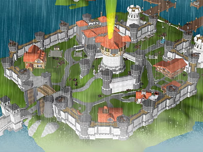 Ancient Castle Architecture Featuring Walls Towers Red Roofs Green Lawn And Rainy View 3d model