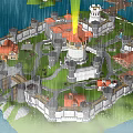 Ancient Castle Architecture Featuring Walls Towers Red Roofs Green Lawn And Rainy View