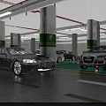 Indoor Parking Garage Featuring Parked Cars Green Ring Columns And Floor Markings