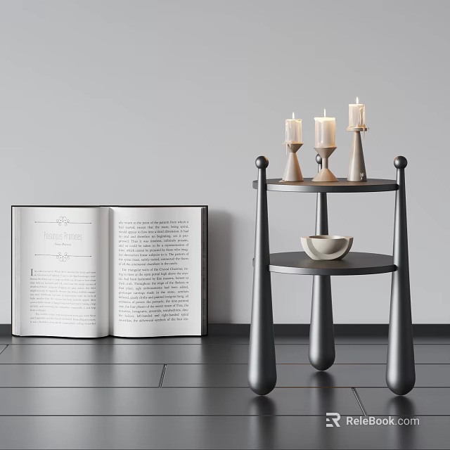Modern Black Three Tier Side Table With Candles Bowl And Open Book 3d model 
