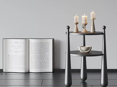 Modern Black Three Tier Side Table With Candles Bowl And Open Book 3d model