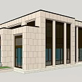 Beige Stone Sales Office Building With Central Glass Doors Side Windows And Decorative Grille