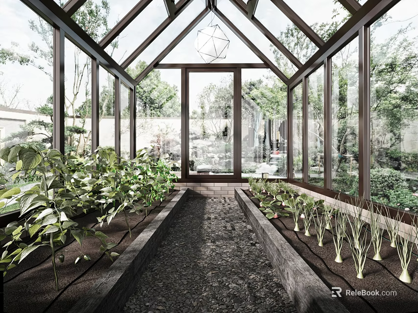 Glass Greenhouse Garden With Growing Beds Gravel Path And Lush Plants 3d model 