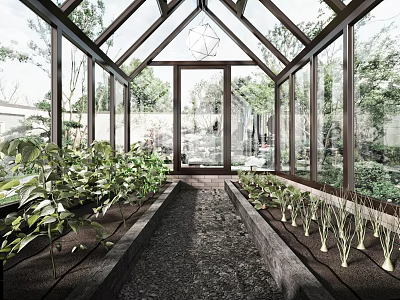 Glass Greenhouse Garden With Growing Beds Gravel Path And Lush Plants 3d model