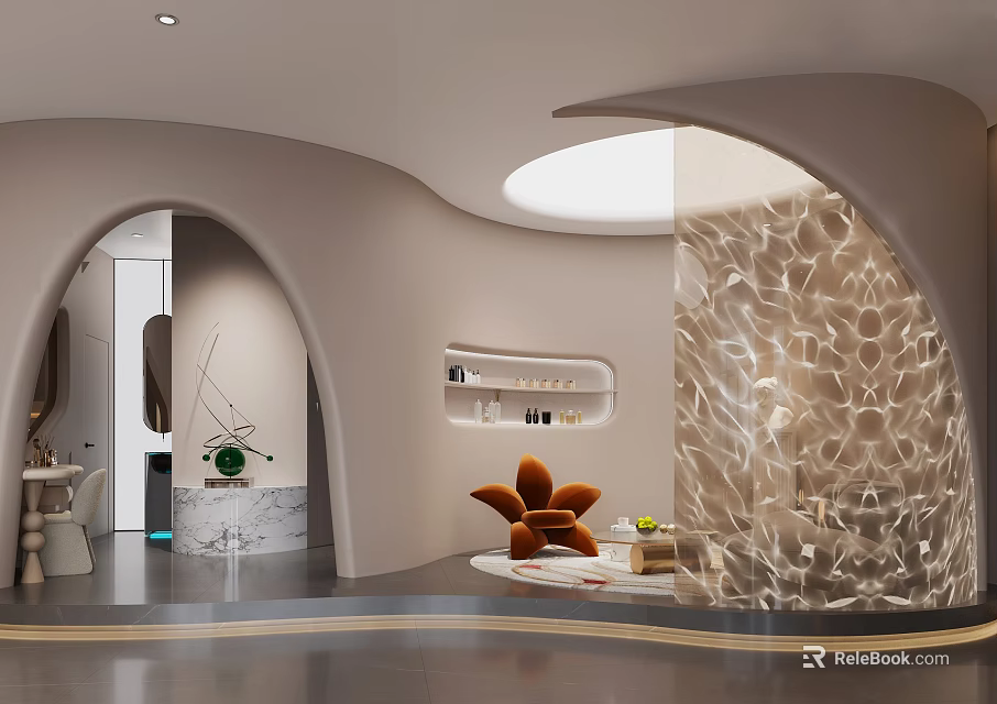 Modern Elegant Interior Design With Arched Door Perforated Partition And Orange Decor 3d model 