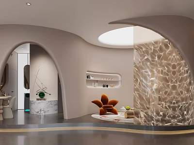 Modern Elegant Interior Design With Arched Door Perforated Partition And Orange Decor 3d model