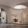 Modern Elegant Interior Design With Arched Door Perforated Partition And Orange Decor