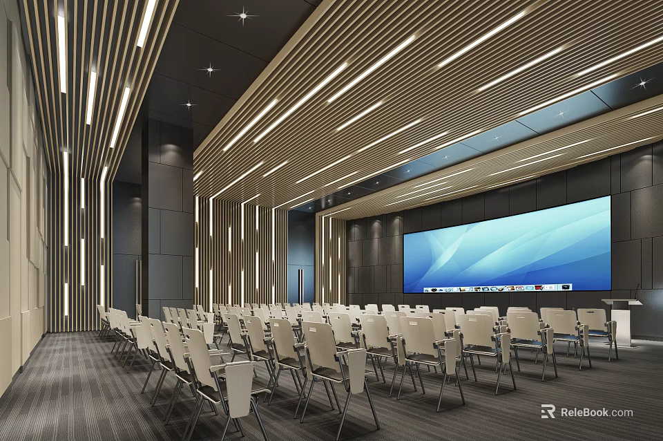 Modern Conference Room Interior With Arranged Chairs Large Screen And Ceiling Lighting 3d model 
