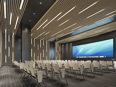 Modern Conference Room Interior With Arranged Chairs Large Screen And Ceiling Lighting 3d model