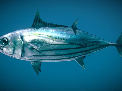 Silver Striped Tuna With Streamlined Body And Dorsal Fins Swimming In Blue Ocean 3d model Silver Striped Tuna With Streamlined Body And Dorsal Fins Swimming In Blue Ocean 3d model