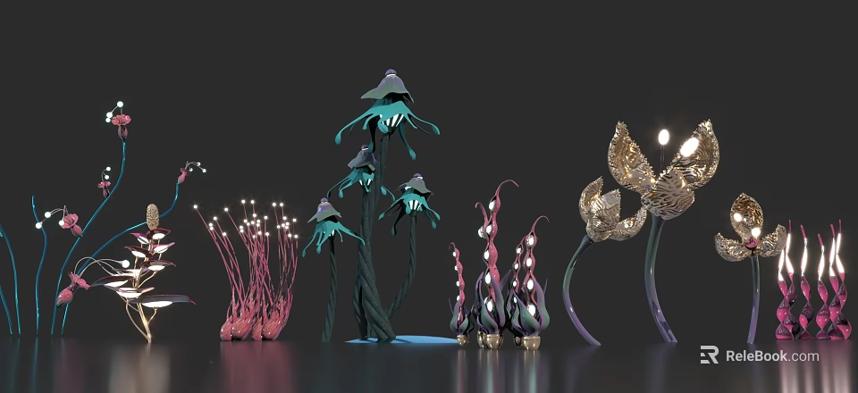 Mystical Bioluminescent Fantasy Plants Featuring Blue Pink Gold Tentacle And Mushroom Shapes 3d model 