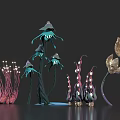 Mystical Bioluminescent Fantasy Plants Featuring Blue Pink Gold Tentacle And Mushroom Shapes