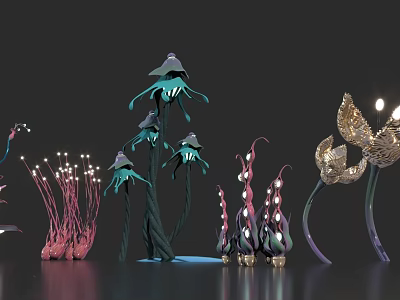 Mystical Bioluminescent Fantasy Plants Featuring Blue Pink Gold Tentacle And Mushroom Shapes 3d model