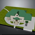 Single Family House Exterior Design Green Roof Beige Walls Steps Garage Car Lawn Path