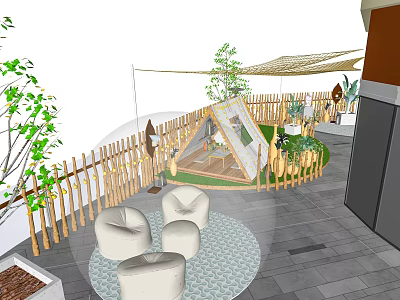 Charming Courtyard Garden With Bamboo Fence Teepee Tent Round Table White Chairs and Green Plants 3d model