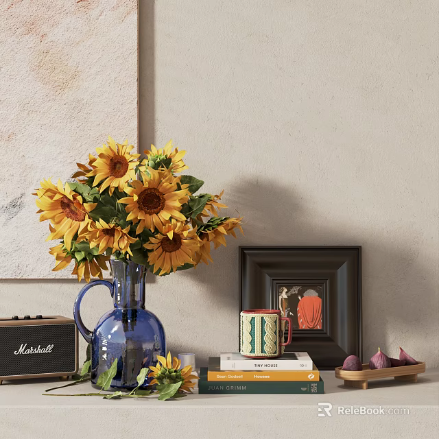 Decorative Ornament Combination Featuring Sunflower Bouquet Blue Vase Black Frame Patterned Mug Books and Figs 3d model 