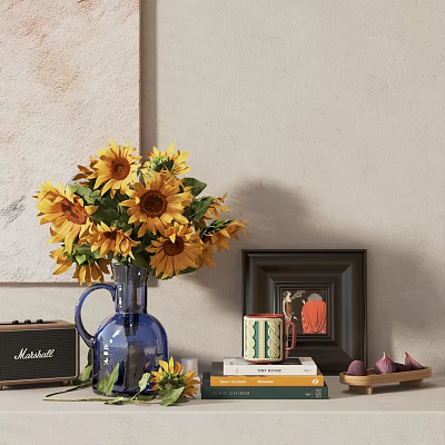 Decorative Ornament Combination Featuring Sunflower Bouquet Blue Vase Black Frame Patterned Mug Books and Figs 3d model