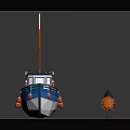 Cartoon Scene With Colorful Boat Red Crane Blue White Hull And Orange Buoys