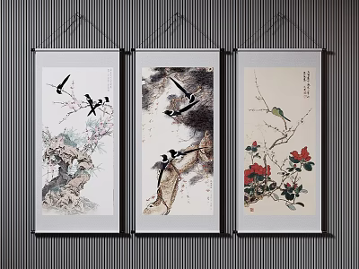 Chinese Traditional Ink Paintings With Birds On Branches And Flower Motifs Hanging As Wall Scrolls 3d model