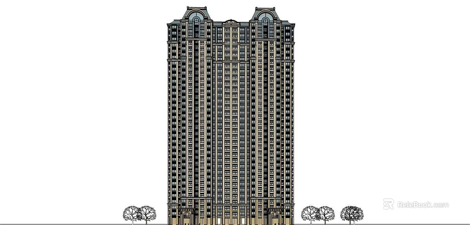 High-rise Building With Classical Facade Multiple Windows Decorative Base And Surrounding Trees 3d model 