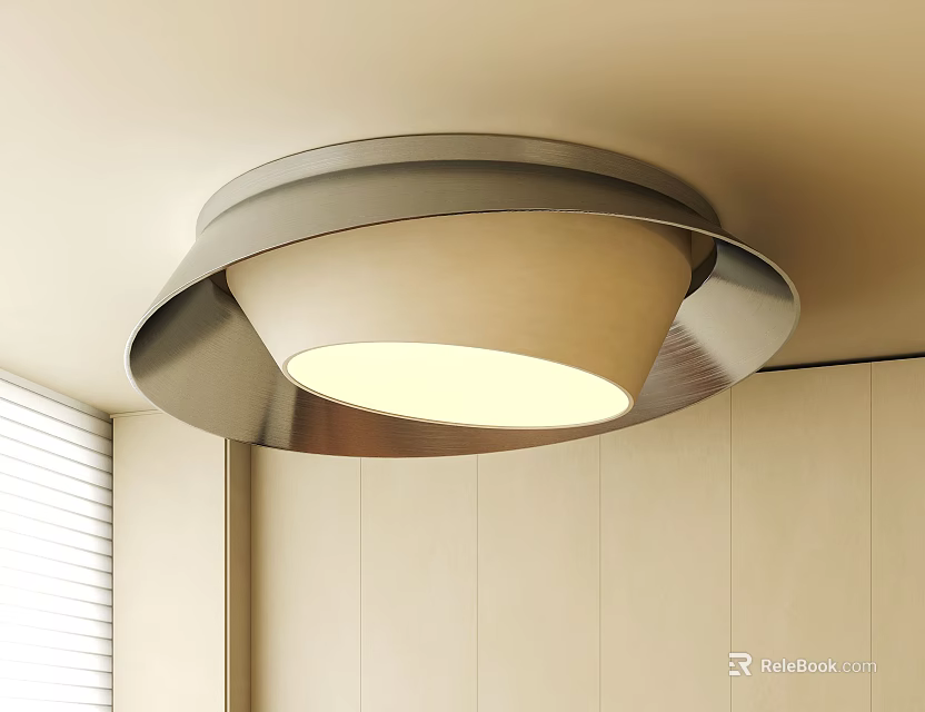 Round Illuminated Ceiling Light with Metal Frame Light Colored Shade and Light Walls Window Blinds 3d model 