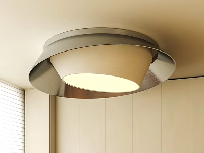 Round Illuminated Ceiling Light with Metal Frame Light Colored Shade and Light Walls Window Blinds 3d model