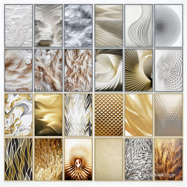 Decorative Textures Collection Featuring Metallic Marble And Feather Patterns For Interior Design 3d model 