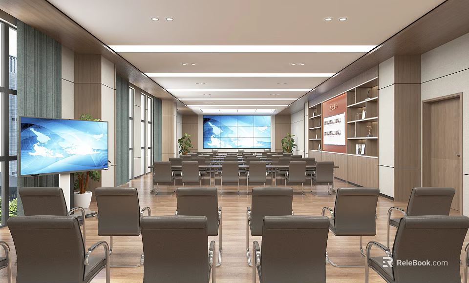 Spacious Modern Office Interior With Gray Chairs Large Screen Bookshelves And Green Plants 3d model 