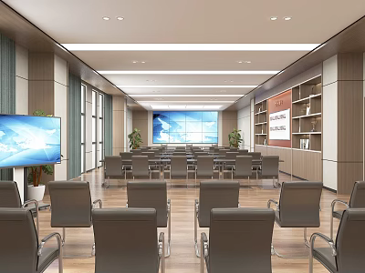 Spacious Modern Office Interior With Gray Chairs Large Screen Bookshelves And Green Plants 3d model