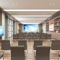 Spacious Modern Office Interior With Gray Chairs Large Screen Bookshelves And Green Plants